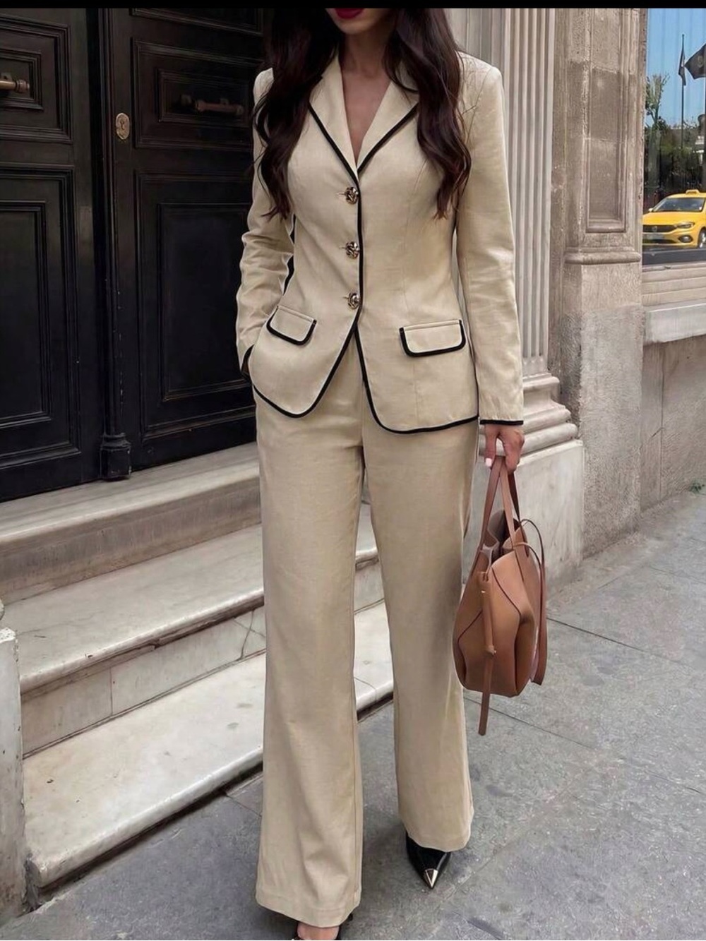 Cream Contrast-Trim Tailored Women's Pantsuit - Picture 3 of 6